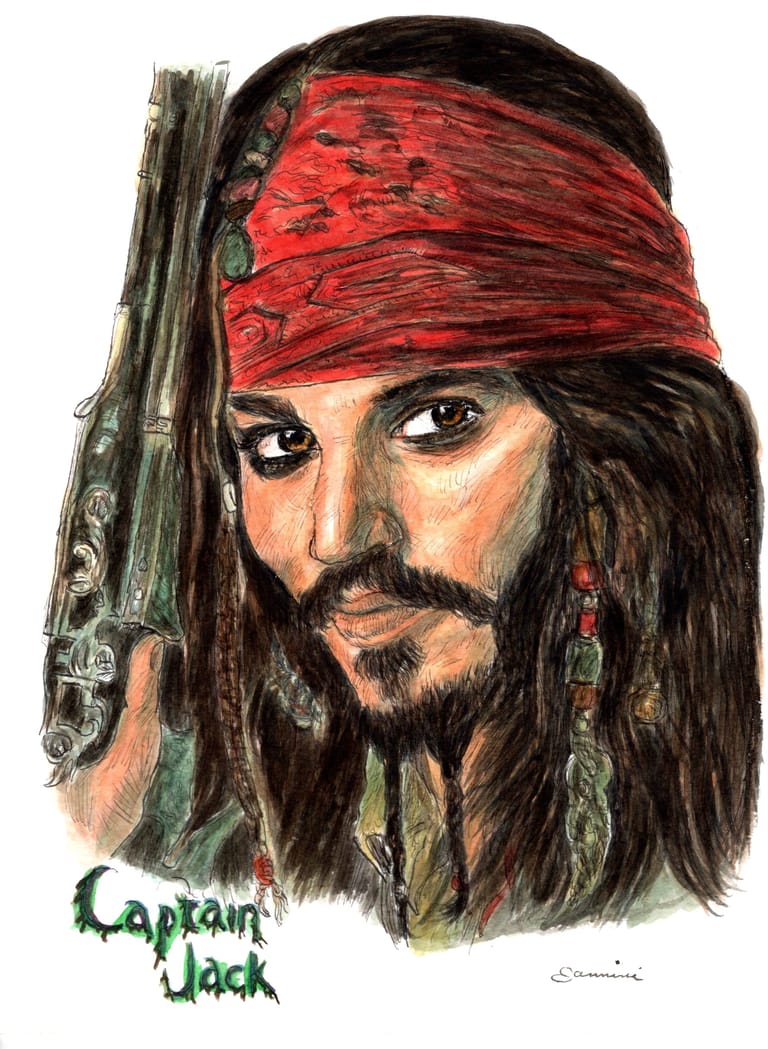 Johnny Depp, The Pirates of the Caribbean, watercolor with pen and ink portrait, rockstarlegendportraits.com
