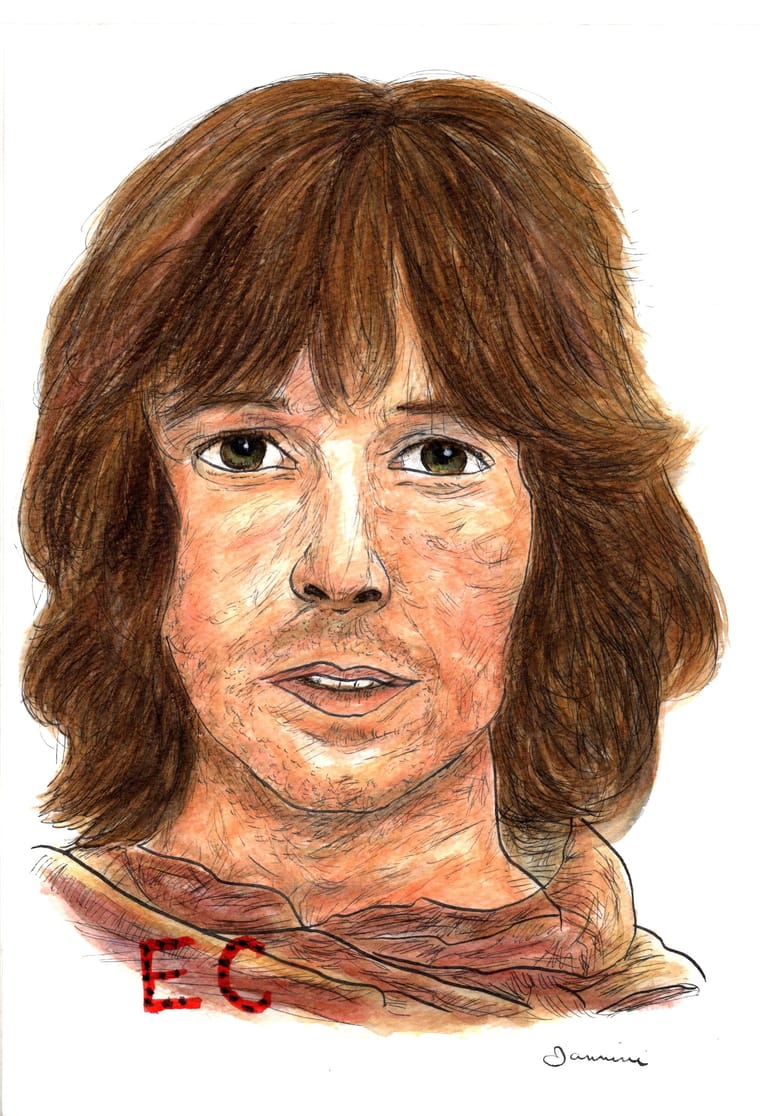 Eric Clapton Rock Star Legend, watercolor with pen and ink portrait, rockstarlegendportraits.com