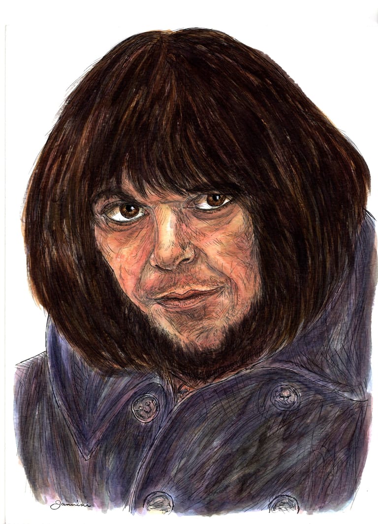 Neil Young Music Legend, watercolor with pen and ink portrait, rockstarlegendportraits.com