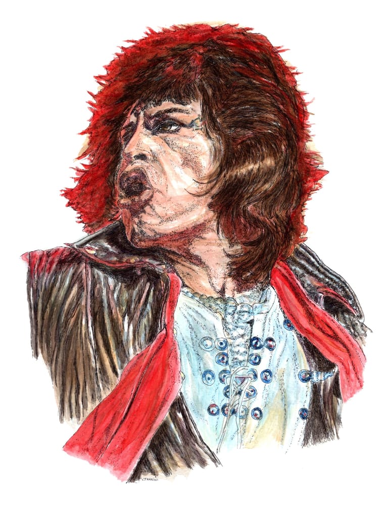 Mick jager The Rolling Stones, watercolor with pen and ink portrait, rockstarlegendportraits.com