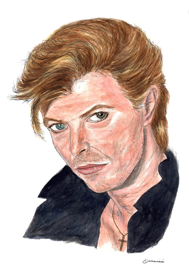 David Bowie Music Legend, watercolor with pen and ink portrait, rockstarlegendportraits.com