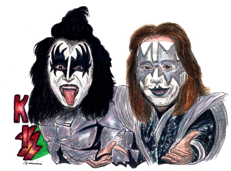 Gene Simmons Ace Frehley Kiss Band Legends, watercolor with pen and ink portrait, rockstarlegendportraits.com