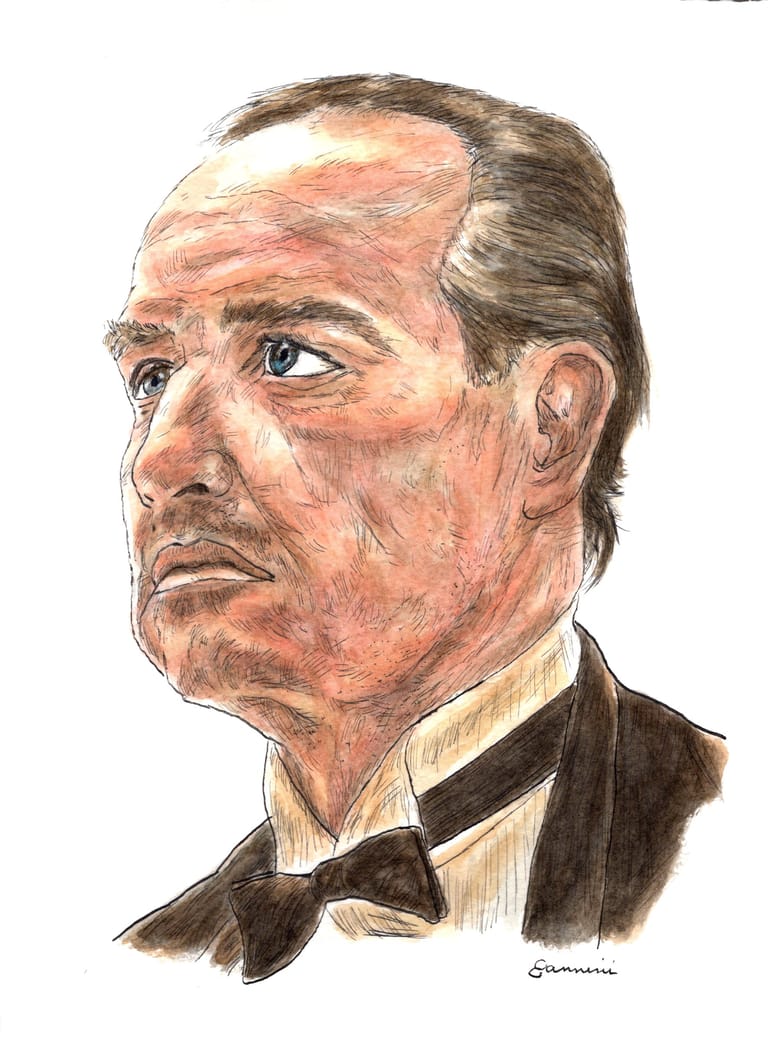 Marlon Brando The Godfather, watercolor with pen and ink portrait, rockstarlegendportraits.com