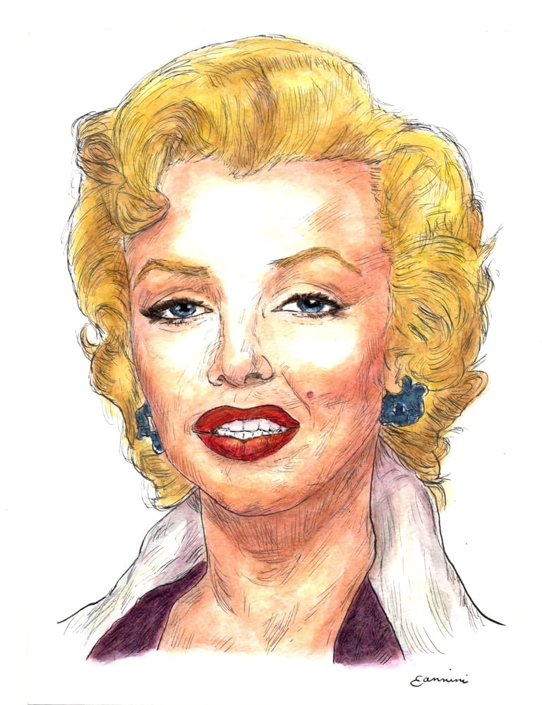 Marilyn Monroe Hollywood Icon watercolor with pen and ink portrait, rockstarlegendportraits.com