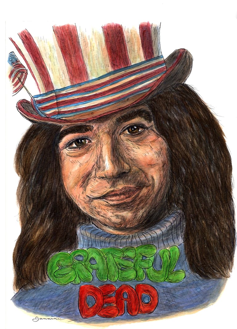 Jerry Garcia The Grateful Dead watercolor with pen and ink portrait, rockstarlegendportraits.com