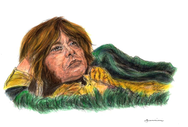 Brian Jones The Rolling Stones watercolor with pen and ink portrait, rockstarlegendportraits.com