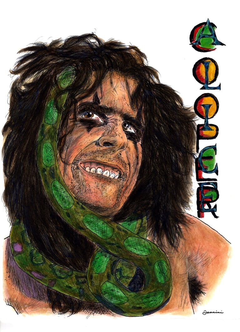 Alice Cooper, rock legend, watercolor with pen and ink portrait, rockstarlegendportraits.com