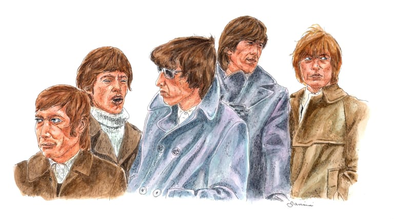 Mick jagger and The Rolling Stones, watercolor with pen and ink portrait, rockstarlegendportraits.com