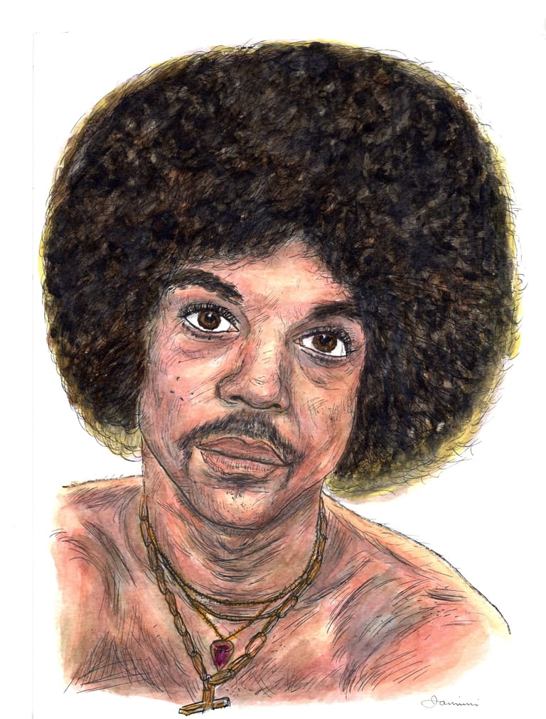 Prince The Artist Music Legend, watercolor with pen and ink portrait, rockstarlegendportraits.com