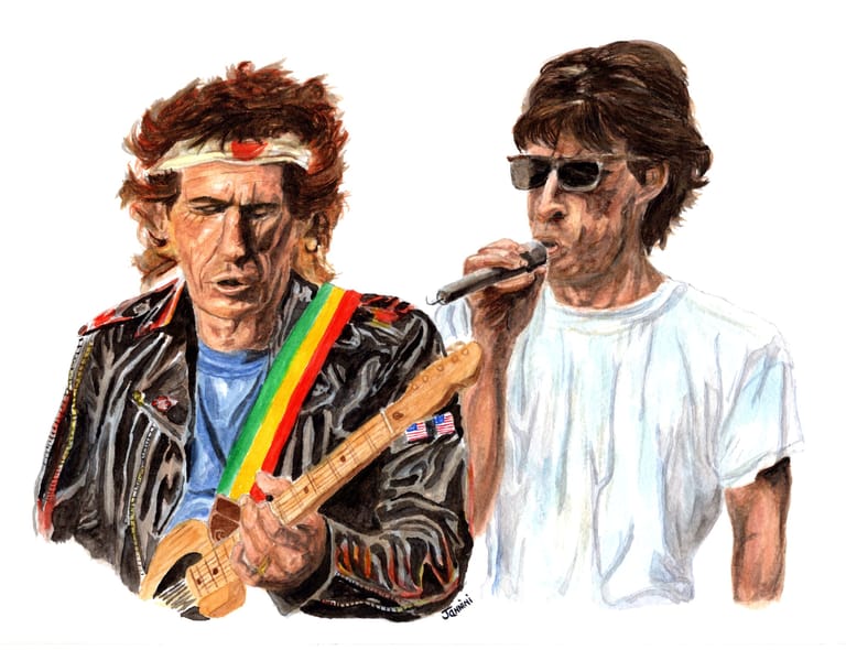 Mick Jagger and Keith Richards Music Legends, watercolor with pen and ink portrait, rockstarlegendportraits.com