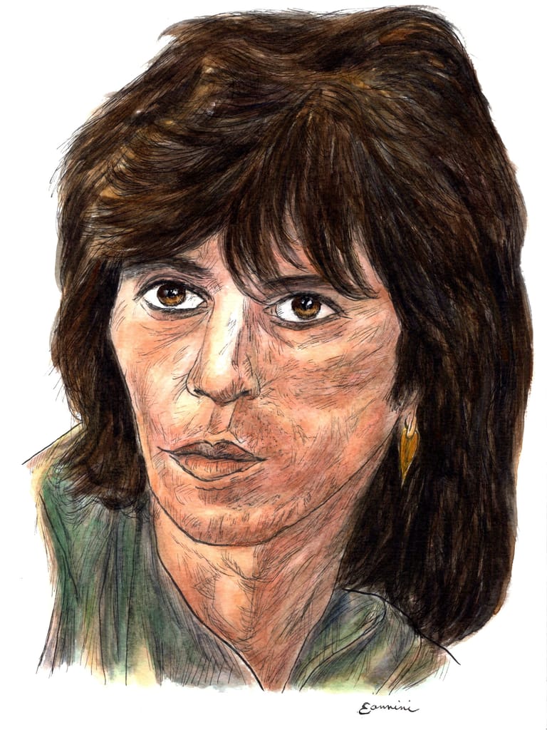 Keith Richards The Rolling Stones, watercolor with pen and ink portrait, rockstarlegendportraits.com
