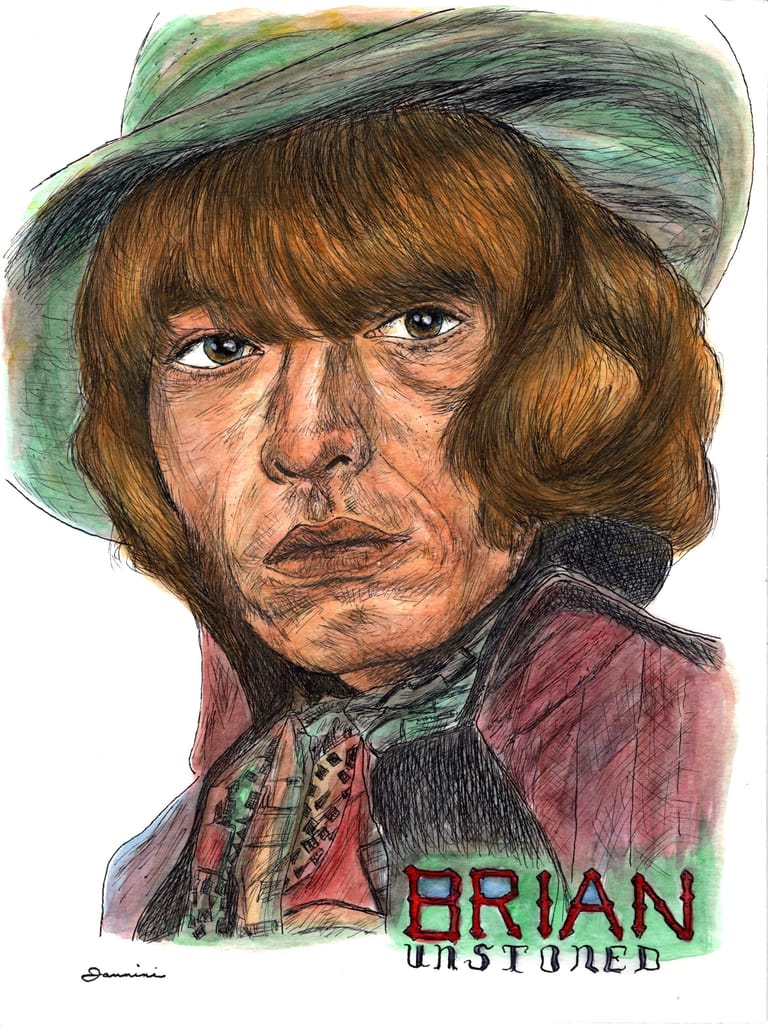 Brian Jones The Rolling Stones, watercolor with pen and ink portrait, rockstarlegendportraits.com