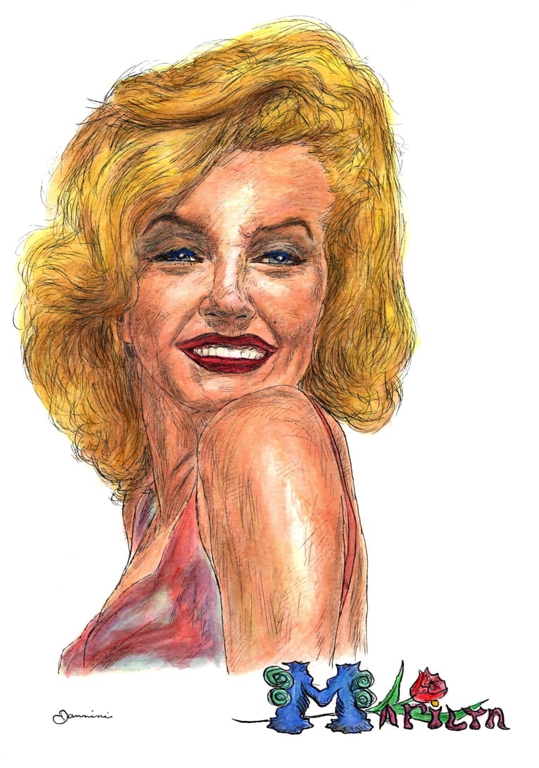 Marilyn Monroe Hollywood Icon Beauty,  watercolor with pen and ink portrait, rockstarlegendportraits.com