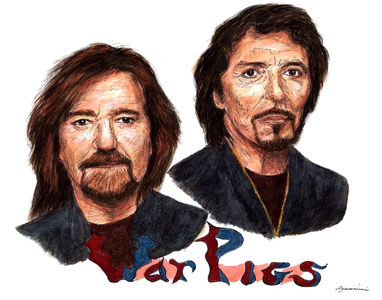 Tony Iommi war Pigs Black Sabbath watercolor with pen and ink portrait, rockstarlegendportraits.com