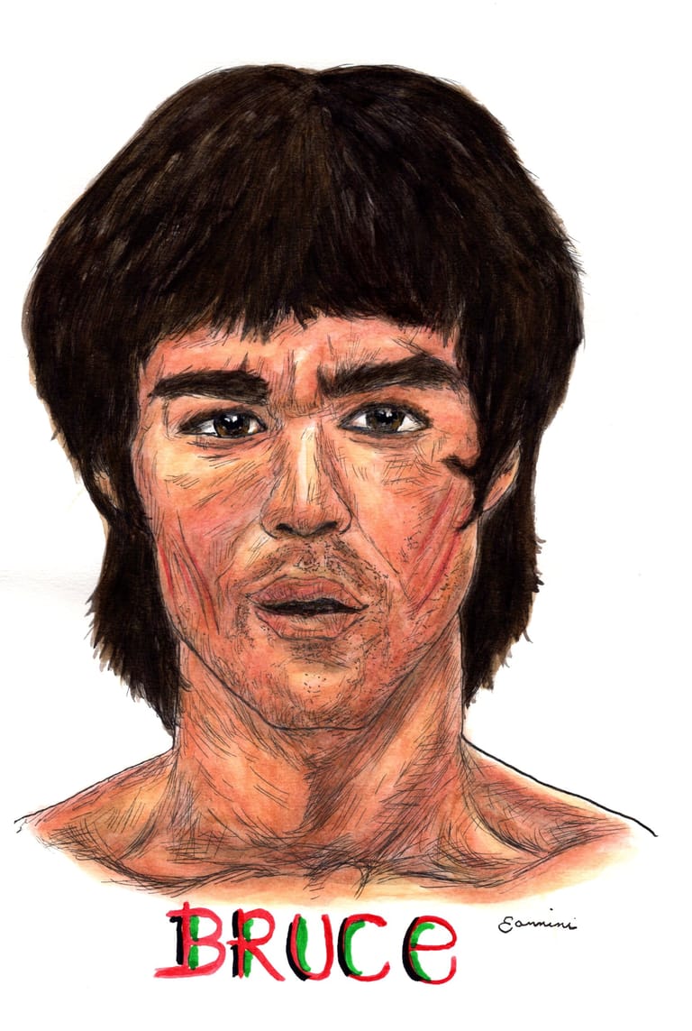 Bruce Lee Hollywood Icon watercolor with pen and ink portrait, rockstarlegendportraits.com