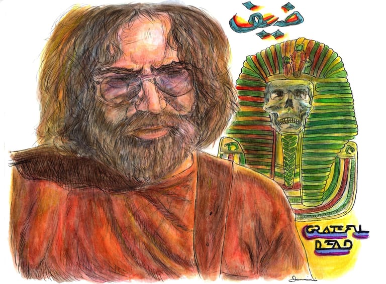 Jerry Garcia The Grateful Dead watercolor with pen and ink portrait, rockstarlegendportraits.com