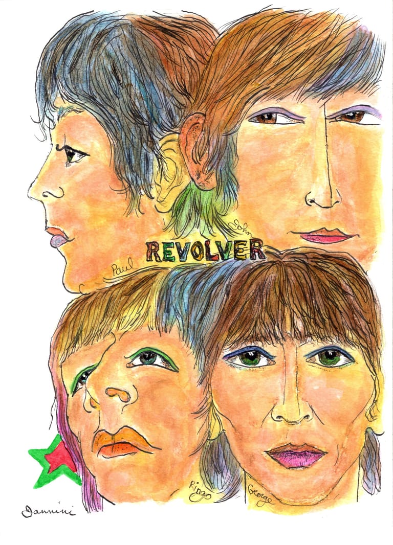 The Beatles The Revolver Album, watercolor with pen and ink portrait, rockstarlegendportraits.com