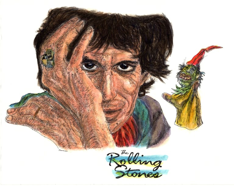 Keith Richards The Rolling Stones, watercolor with pen and ink portrait, rockstarlegendportraits.com