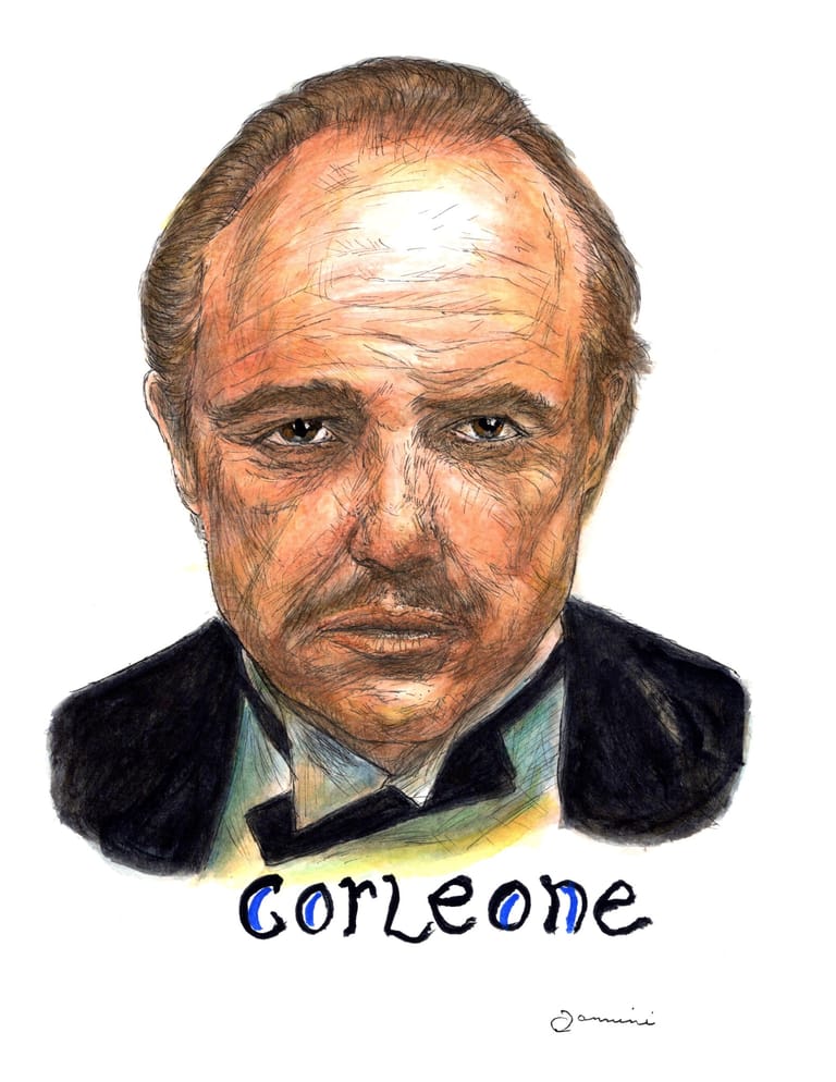 Marlon Brando The Godfather watercolor with pen and ink portrait, rockstarlegendportraits.com
