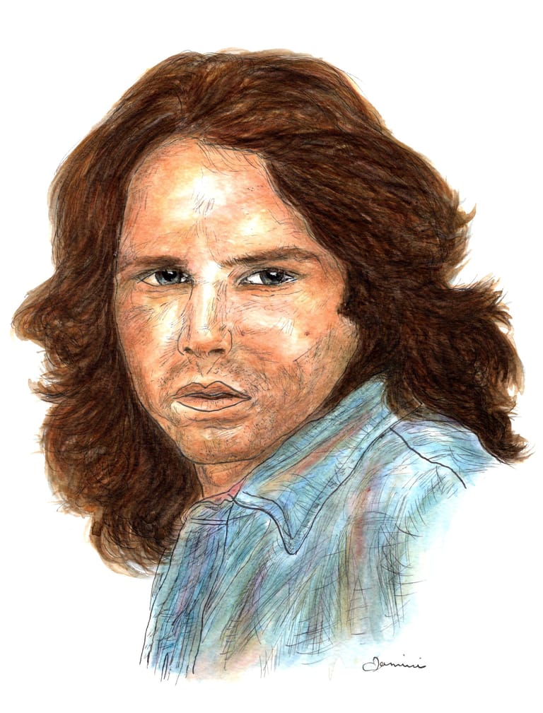 Jim Morrison The Doors watercolor with pen and ink portrait, rockstarlegendportraits.com