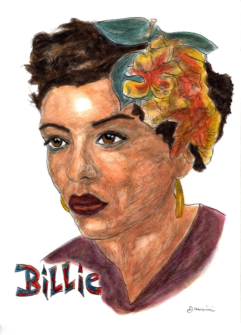 Billie Holiday Blues Legend watercolor with pen and ink portrait, rockstarlegendportraits.com