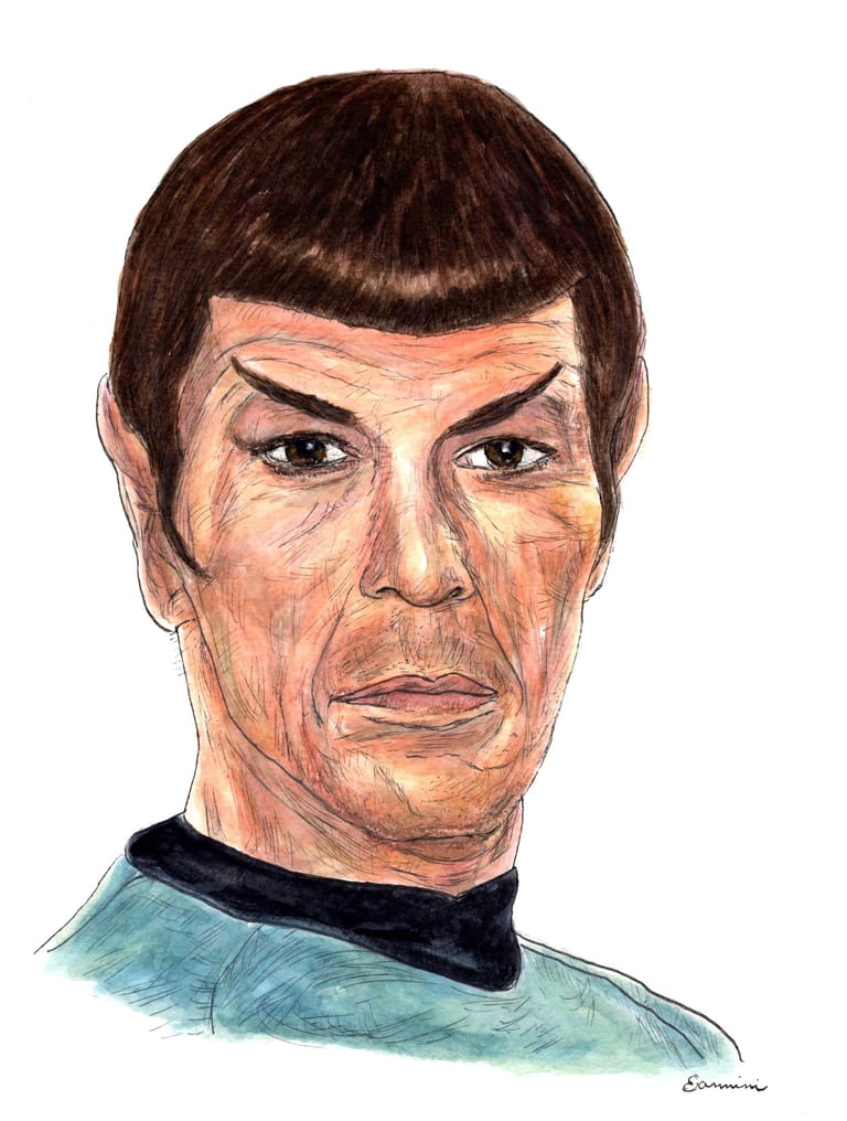 Leonard Nimoy of Star Trek watercolor with pen and ink portrait, rockstarlegendportraits.com