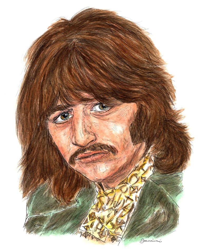 Ringo Starr The Beatles watercolor with pen and ink portrait, rockstarlegendportraits.com