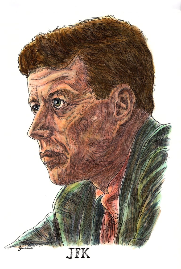 John F. Kenndy American President, watercolor with pen and ink portrait, rockstarlegendportraits.com