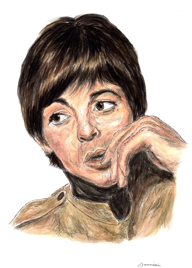 Paul McCartney The Beatles, watercolor with pen and ink portrait, rockstarlegendportraits.com