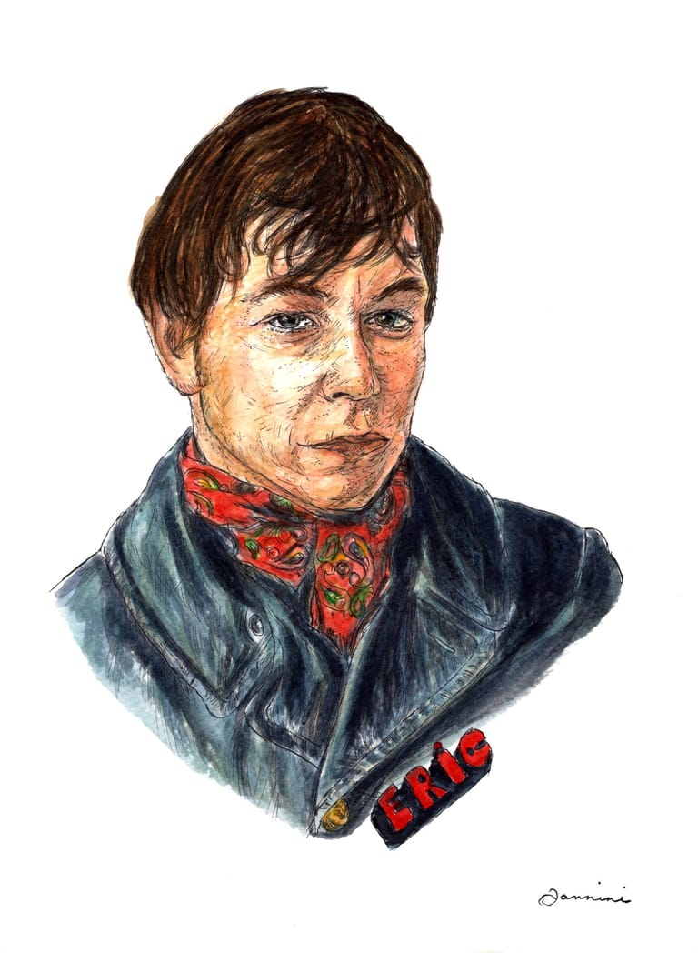 Eric Burdon  and The Animals watercolor with pen and ink portrait, rockstarlegendportraits.com