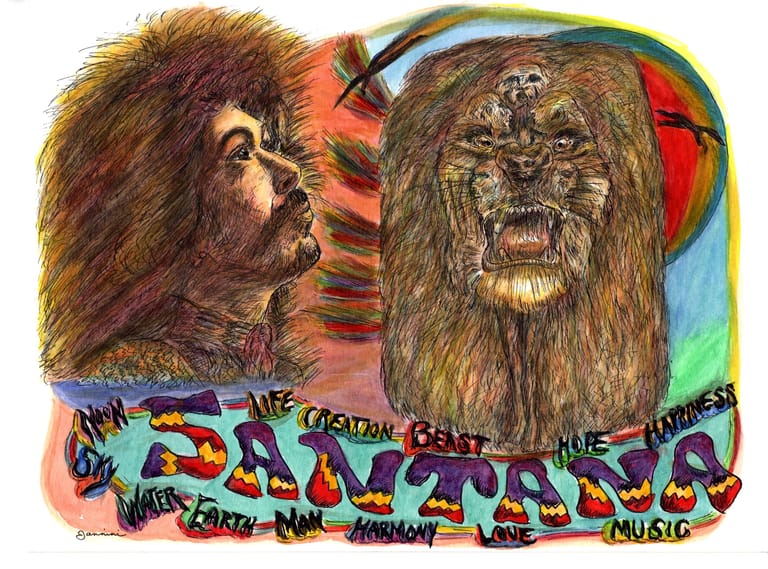 Carlos Santana, Watercolor with pen and ink portrait, rockstarlegendportraits.com