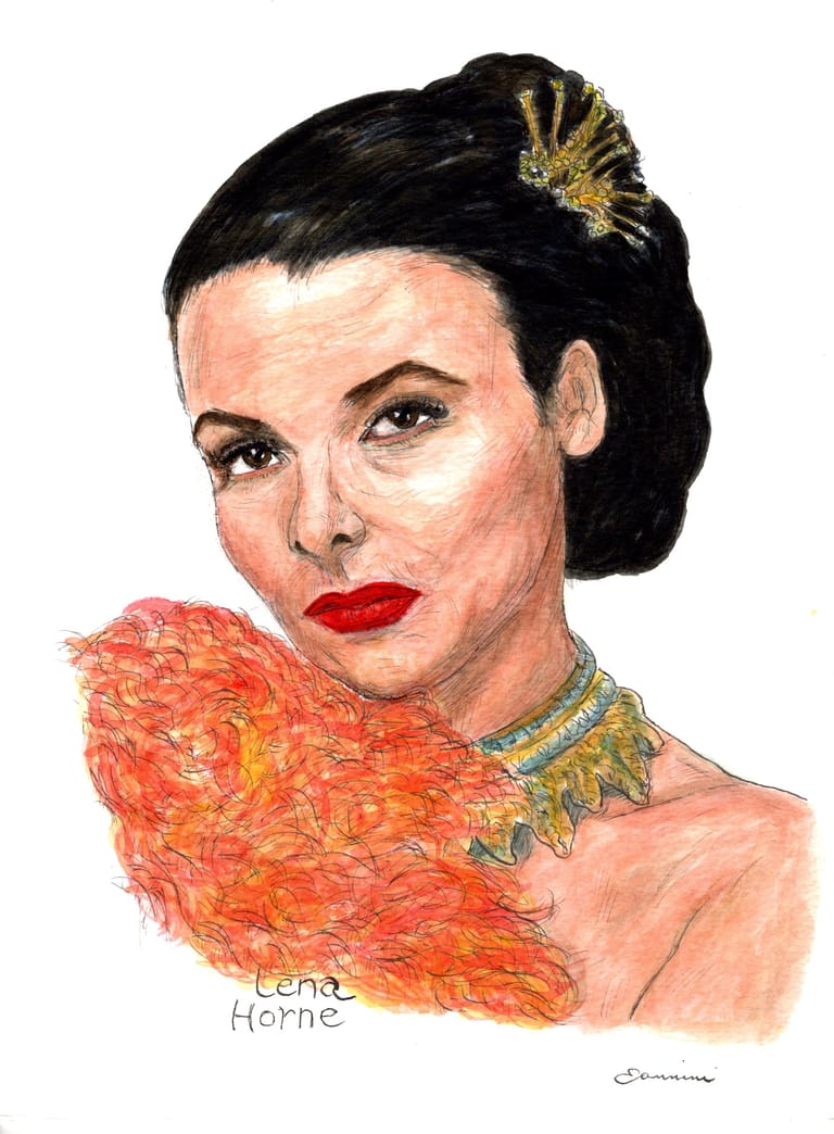 Lena Horne Music and Hollywood Legend, watercolor with pen and ink portrait, rockstarlegendportraits.com