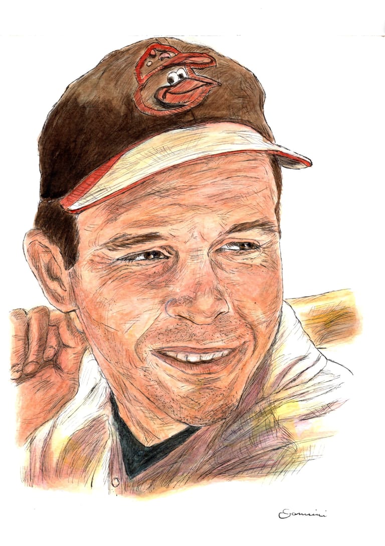 Brooks Robinson Baseball Legend watercolor with pen and ink portrait, rockstarlegendportraits.com