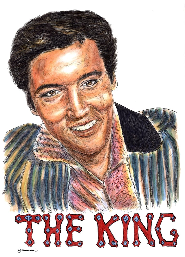 Elvis Presley The King, watercolor with pen and ink portrait, rockstarlegendportraits.com