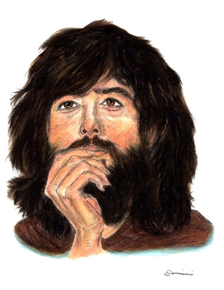 Jimmy Page Led Zeppelin, watercolor with pen and ink portrait, rockstarlegendportraits.com