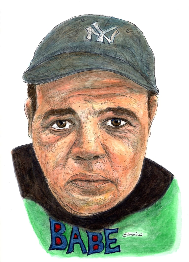 Babe Ruth Baseball Legend watercolor with pen and ink portrait, rockstarlegendportraits.com