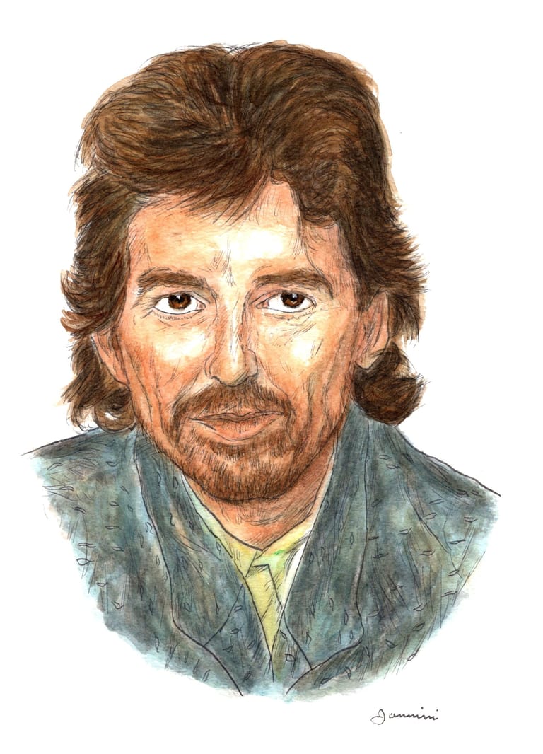 George Harrison The Beatles watercolor with pen and ink portrait, rockstarlegendportraits.com