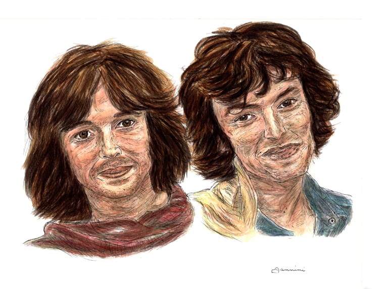 Eric Clapton and Steve Winwood, Rock Star Legends, watercolor with pen and ink portrait, rockstarlegendportraits.com