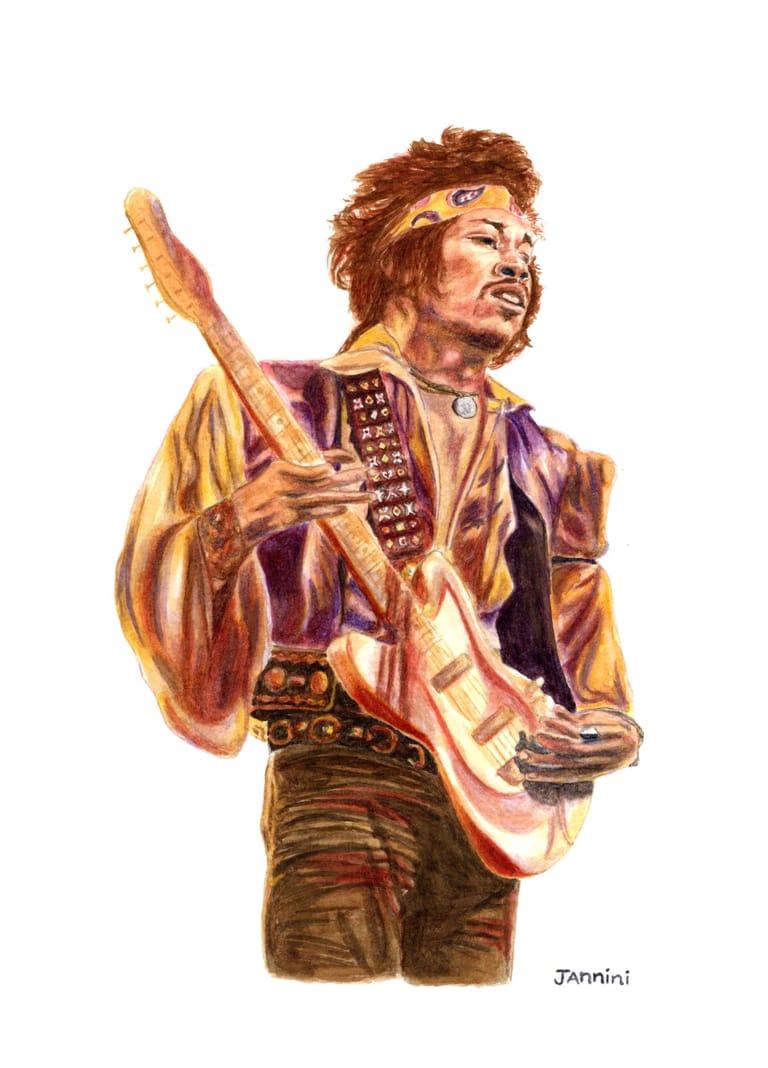 Jimi Hendrix Guitar Legend, watercolor with pen and ink portrait, rockstarlegendportraits.com