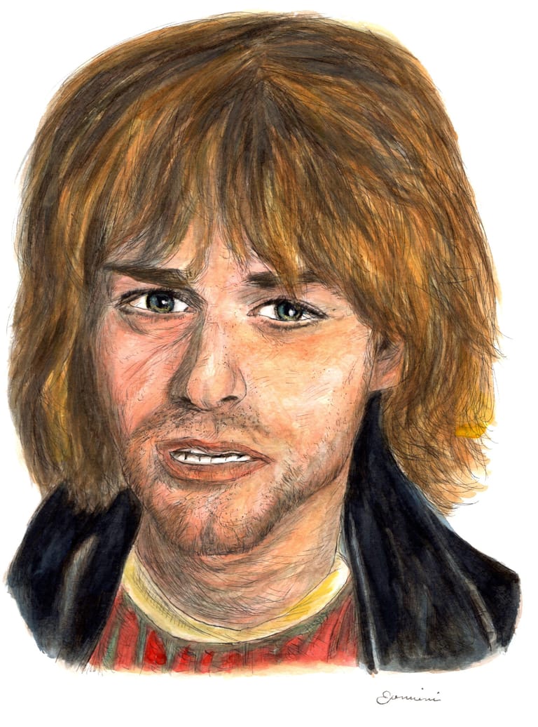 Kurt Cobain Rock Star Legend watercolor with pen and ink portrait, rockstarlegendportraits.com Kurt Cobain Rock Star Legend watercolor with pen and ink portrait, rockstarlegendportraits.com