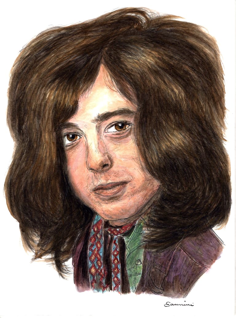 Jimmy Page Led Zeppelin, watercolor with pen and ink portrait, rockstarlegendportraits.com