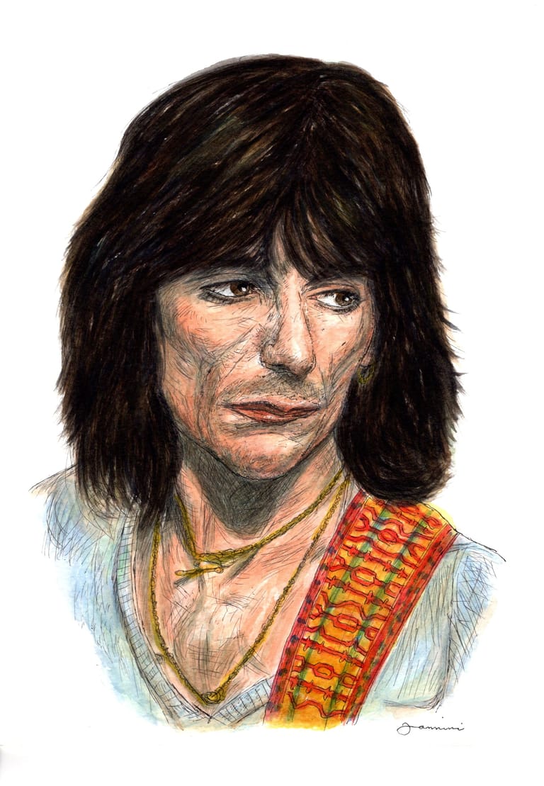 Ronnie Wood The Rolling Stones, watercolor with pen and ink portrait, rockstarlegendportraits.com