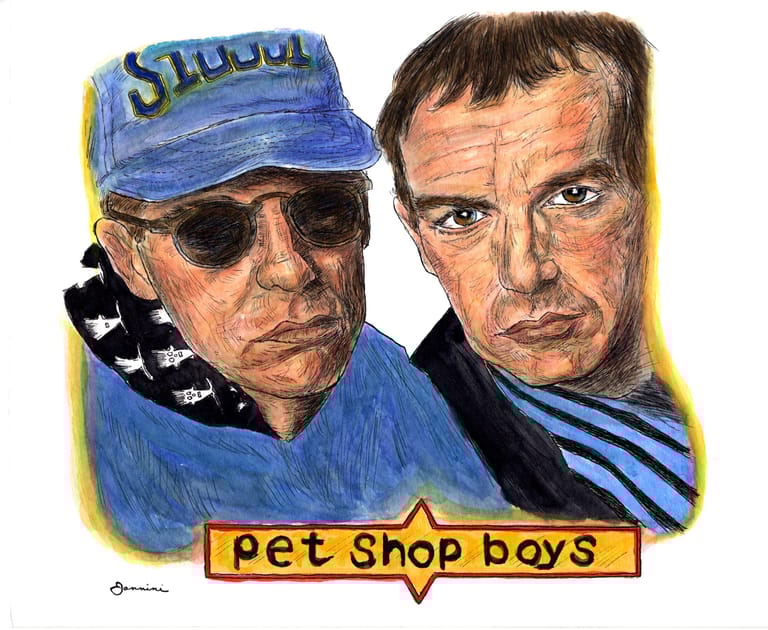 The Pet Shop Boys Music Legends, watercolor with pen and ink portrait, rockstarlegendportraits.com