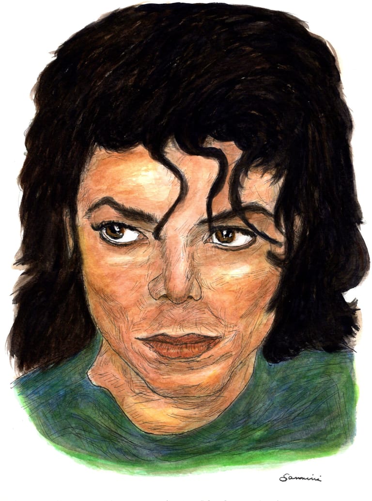 Michael Jackson, Kig of Pop, watercolor with pen and ink portrait, rockstarlegendportraits.com