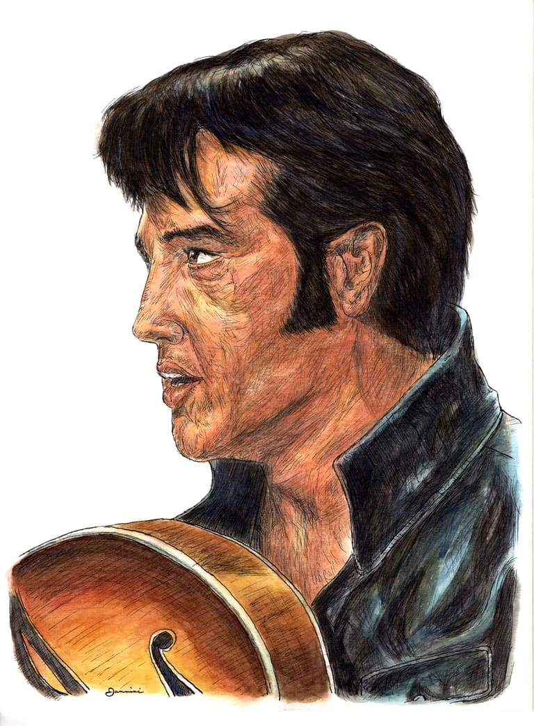 Elvis Presley Rock n Roll King, watercolor with pen and ink portrait, rockstarlegendportraits.com