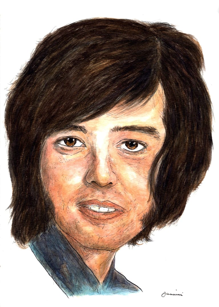 Jimmy Page Led Zeppelin watercolor with pen and ink portrait, rockstarlegendportraits.com