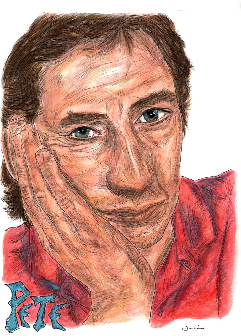 Pete Townshend The Who watercolor with pen and ink portrait, rockstarlegendportraits.com