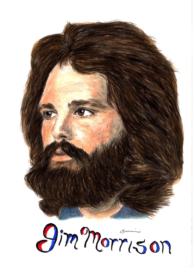 Jim Morrison The Doors, watercolor with pen and ink portrait, rockstarlegendportraits.com