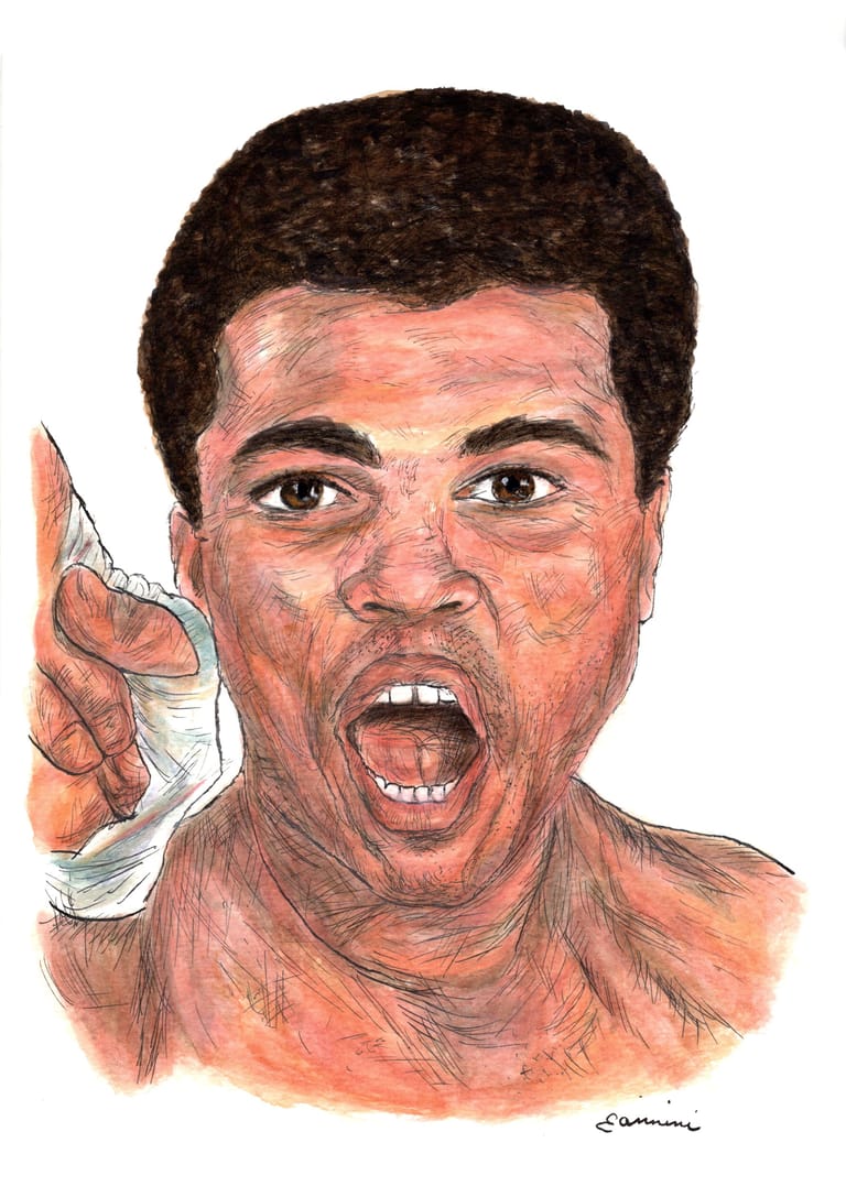 Muhammad Ali Boxing Champion, watercolor with pen and ink portrait, rockstarlegendportraits.com