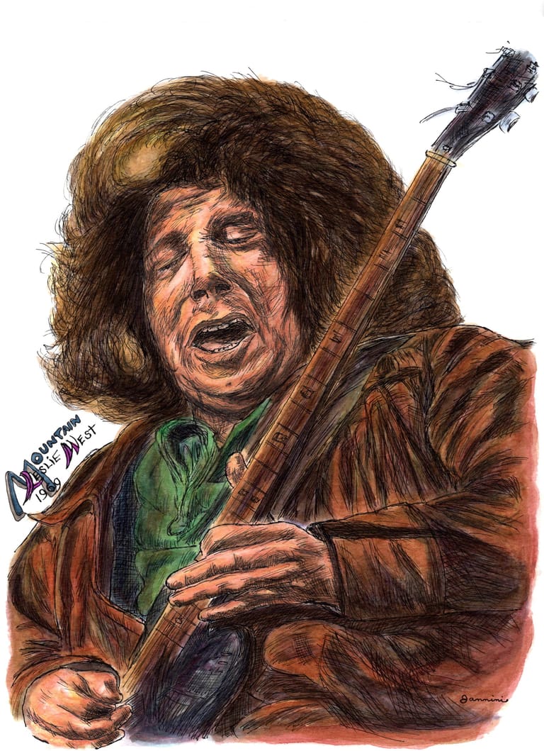 Leslie West Mountains' Guitar Legend, watercolor with pen and ink portrait, rockstarlegendportraits.com